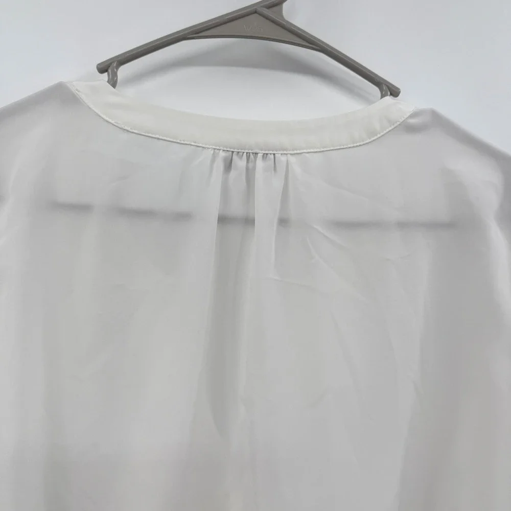 Charter Club White Blouse XL Long Sleeve Sheer Pleated‎ V Neck Lace Trim Women's